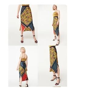 Cami NYC 100% Silk Jessica Midi Skirt Side Slits Scarf Print Size S